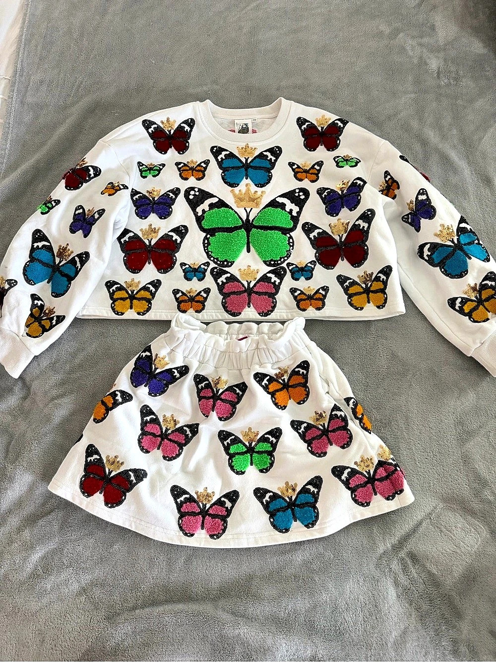 Queen of Sparkles White Multi Butterfly Sweatshirt and Skirt Set Matching Set